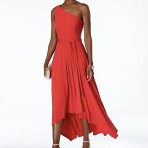 Vince Camuto Belted One Shoulder Tangerine Orange High Low Midi Dress size 2
